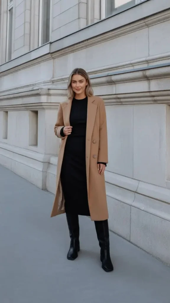 16 Fall Outfits Church That Look Elegant & Stylish 4 Camel Coat With Black Dress