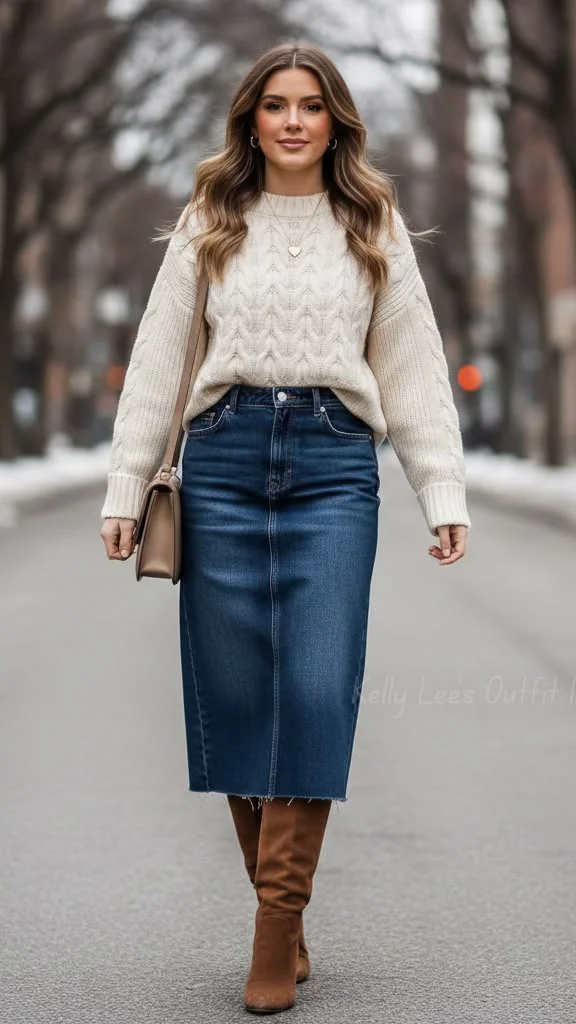 16 Fall Outfits Church That Look Elegant & Stylish 15 Camel Sweater With Denim Midi Skirt