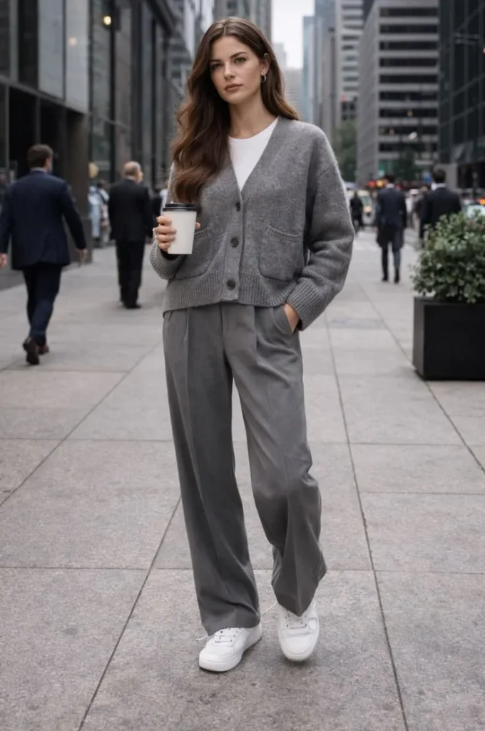 17 Fall Outfits With Sneakers That Look Stylish & Comfortable 6 Cardigan With Wide Leg Pants And Sneakers