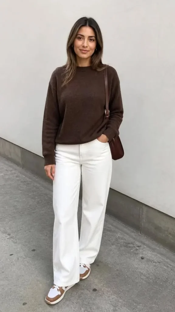17 Fall Outfits With Sneakers That Look Stylish & Comfortable 17 Chocolate Brown Sweater With Neutral Sneakers