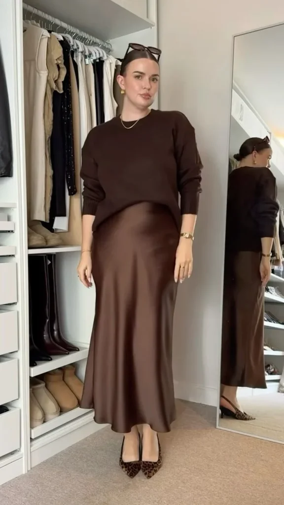 16 Fall Outfits Church That Look Elegant & Stylish 7 Chocolate Brown Sweater With Satin Skirt