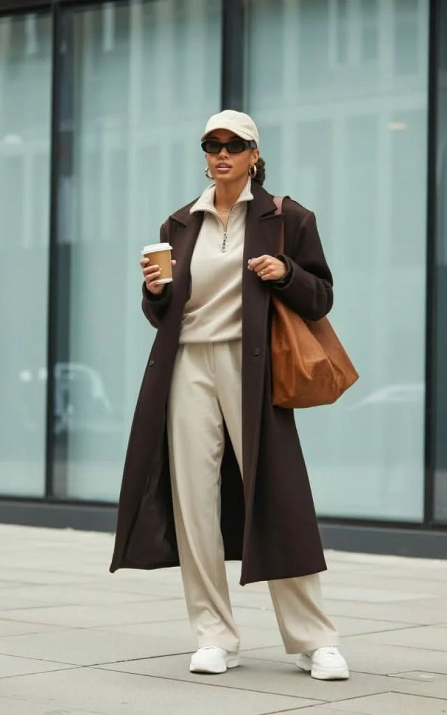 14 Fall Outfits With Sweatpants That Look Cozy & Stylish 14 Chocolate Brown Sweatpants With Camel Coat