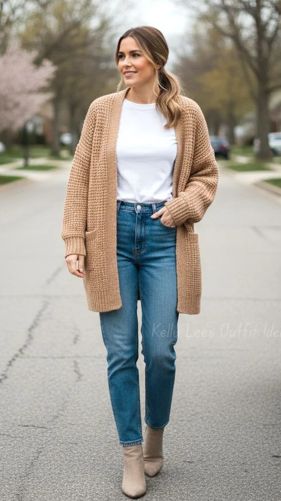 15 Fall Outfits With Cardigans That Look Cozy & Stylish 1 Chunky Beige Cardigan With Jeans And Ankle Boots