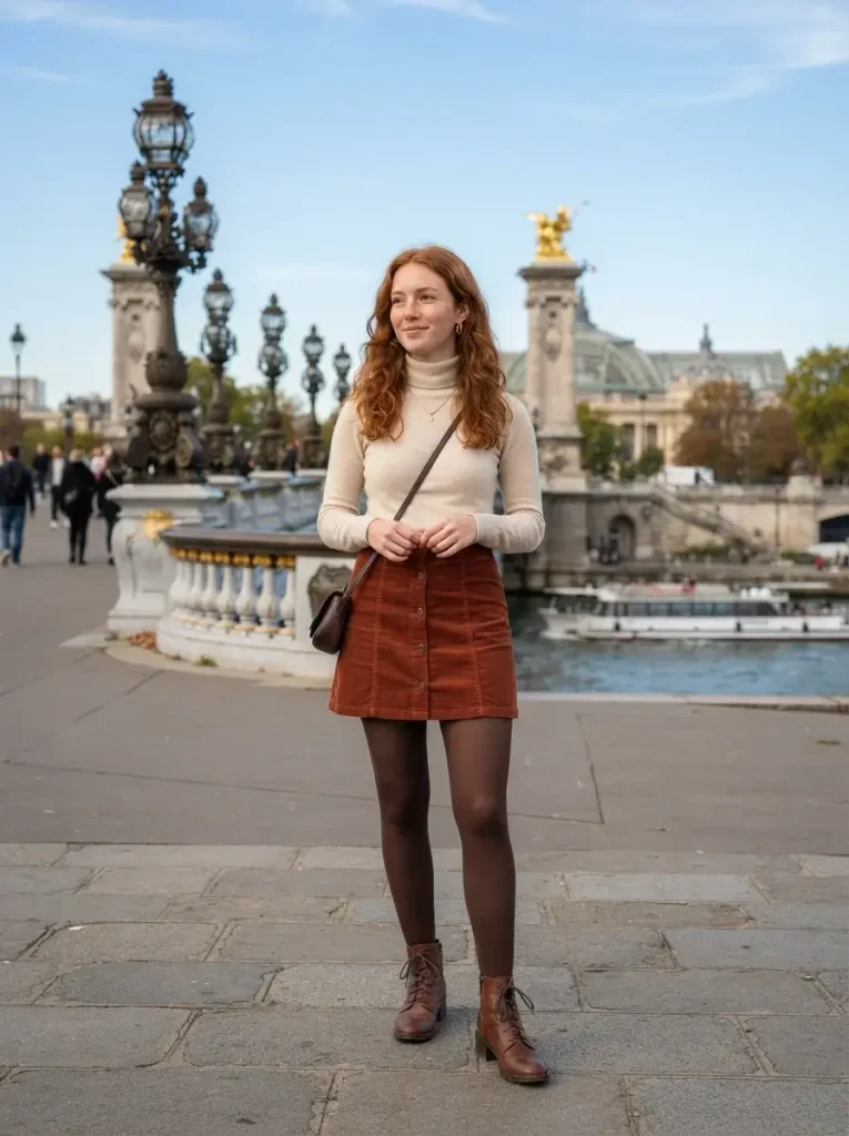 15 Fall Outfits With Tights That Keep You Warm and Stylish 6 Corduroy Skirt Turtleneck Brown Tights and Brown Boots