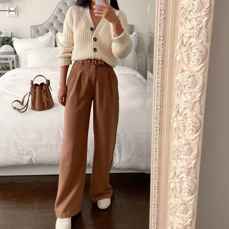 15 Fall Outfits With Cardigans That Look Cozy & Stylish 7 Cream Cardigan With Wide Leg Trousers