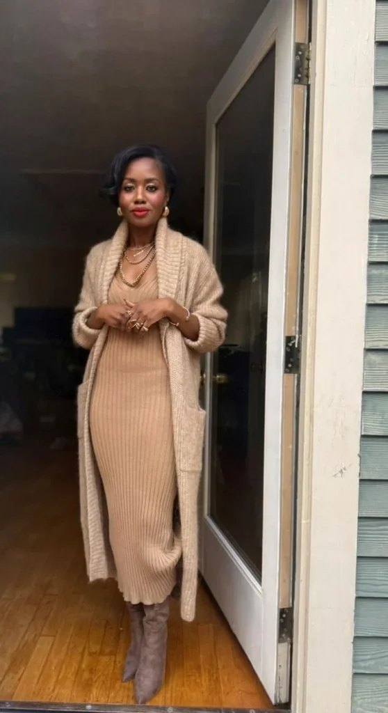 16 Fall Outfits Church That Look Elegant & Stylish 11 Cream Midi Dress With Long Cardigan