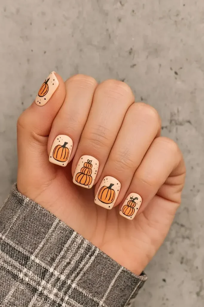 Fall Gets Spooky With These 19 Fall Halloween Nails You’ll Want to Copy 9 Cream Pumpkin Patch Nails