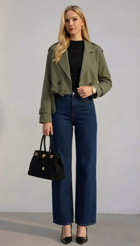 16 Fall Outfits With Jackets That Look Stylish & Trendy 9 Cropped Jacket With High Waisted Jeans