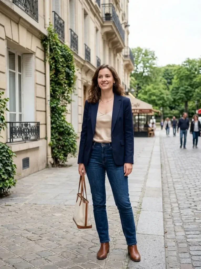 16 Fall Dinner Outfits That Look Effortless (Even When You Tried Really Hard) 11 Dark Jeans a Satin Cami and a Blazer