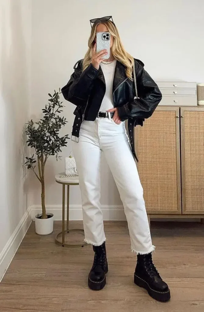 16 Fall Outfits With Jackets That Look Stylish & Trendy 13 Date Night Leather Jacket Outfit
