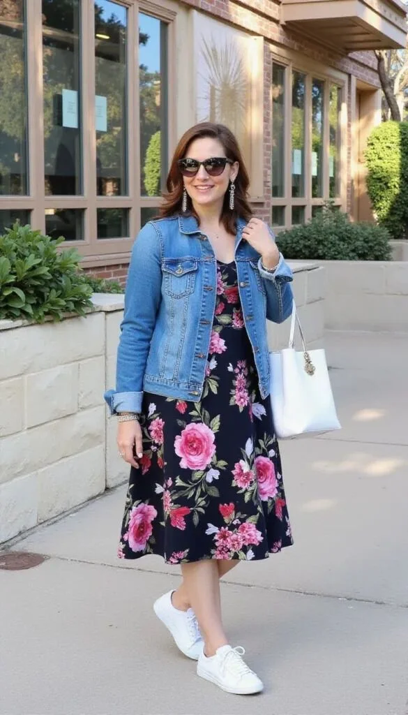 17 Fall Outfits With Sneakers That Look Stylish & Comfortable 7 Denim Jacket With A Floral Dress And Sneakers