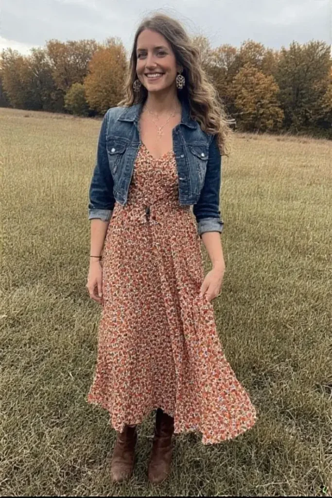 15 Fall Outfits Photoshoot Ideas That Look Stunning 13 Denim Jacket With Fall Dress