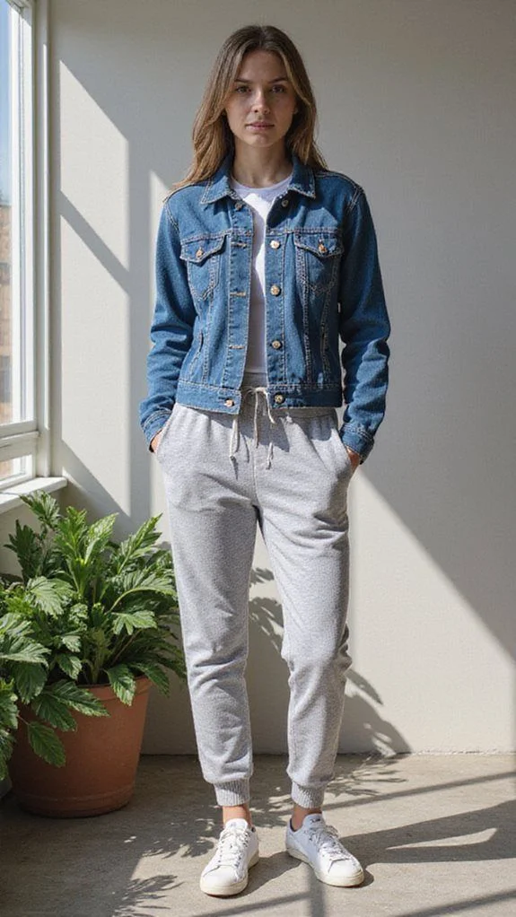 14 Fall Outfits With Sweatpants That Look Cozy & Stylish 6 Denim Jacket With Sweatpants For A Relaxed Weekend Look