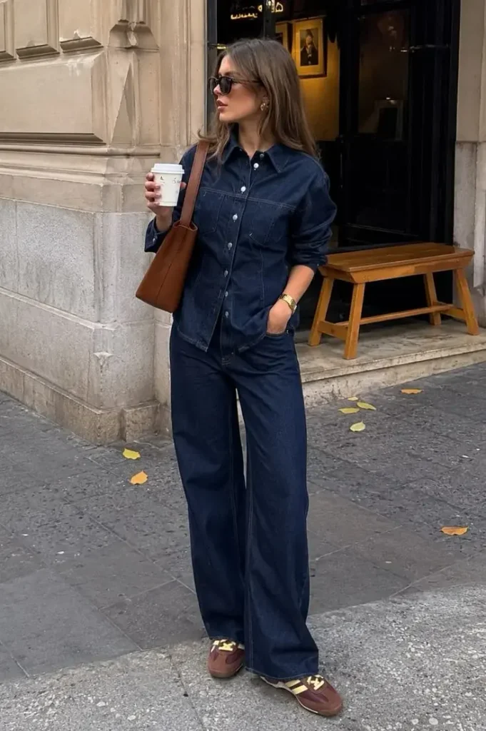 17 Fall Outfits With Sneakers That Look Stylish & Comfortable 16 Denim Shirt With Wide Jeans And Retro Sneakers