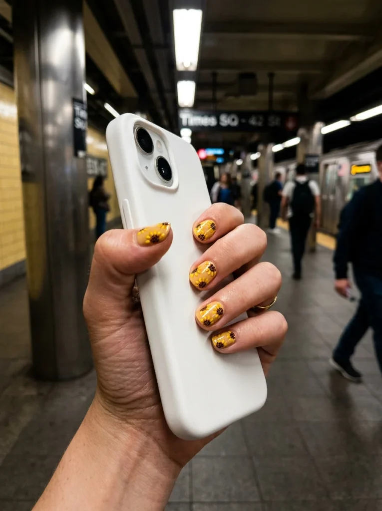16 Fall Nail Art Ideas, Explained Like Art Class (No Talent Required) 3 Dotted Sunflower
