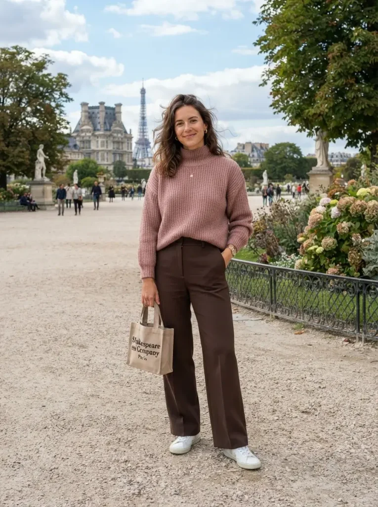 Dusty Rose Sweater and Chocolate Brown Trousers