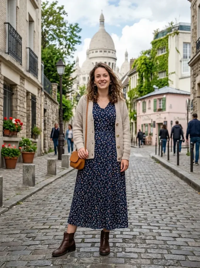16 Fall Dinner Outfits That Look Effortless (Even When You Tried Really Hard) 16 Floral Maxi Dress Cardigan and Boots