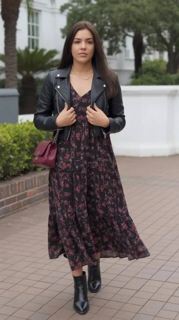 15 Fall Outfits Photoshoot Ideas That Look Stunning 4 Floral Midi Dress With Leather Jacket