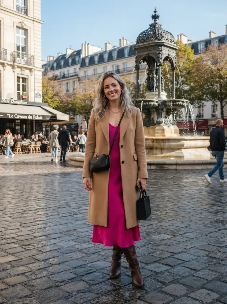 Fuchsia Dress and a Camel Coat