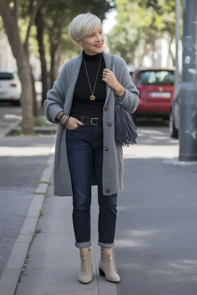 15 Fall Outfits With Cardigans That Look Cozy & Stylish 9 Gray Cardigan With A Turtleneck Layer