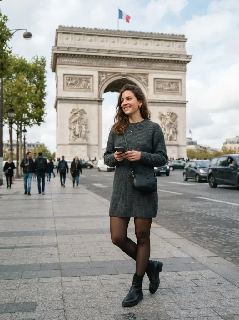 15 Fall Outfits With Tights That Keep You Warm and Stylish 2 Knit Sweater Dress Black Opaque Tights and Ankle Boots