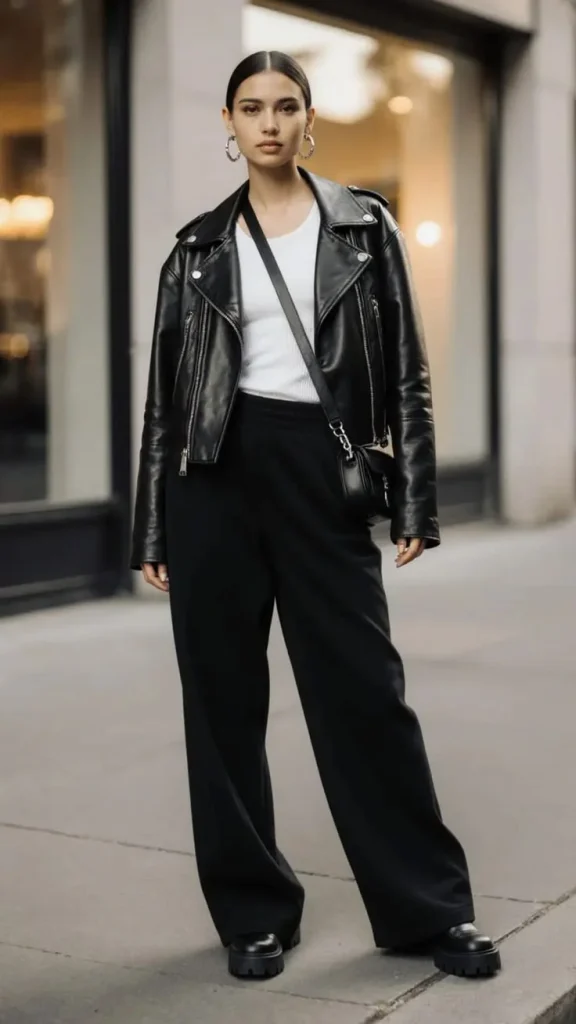14 Fall Outfits With Sweatpants That Look Cozy & Stylish 5 Leather Jacket With Black Sweatpants