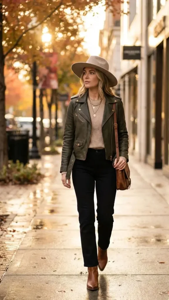 16 Fall Outfits With Jackets That Look Stylish & Trendy 1 Leather Jacket With Cream Sweater And Ankle Boots