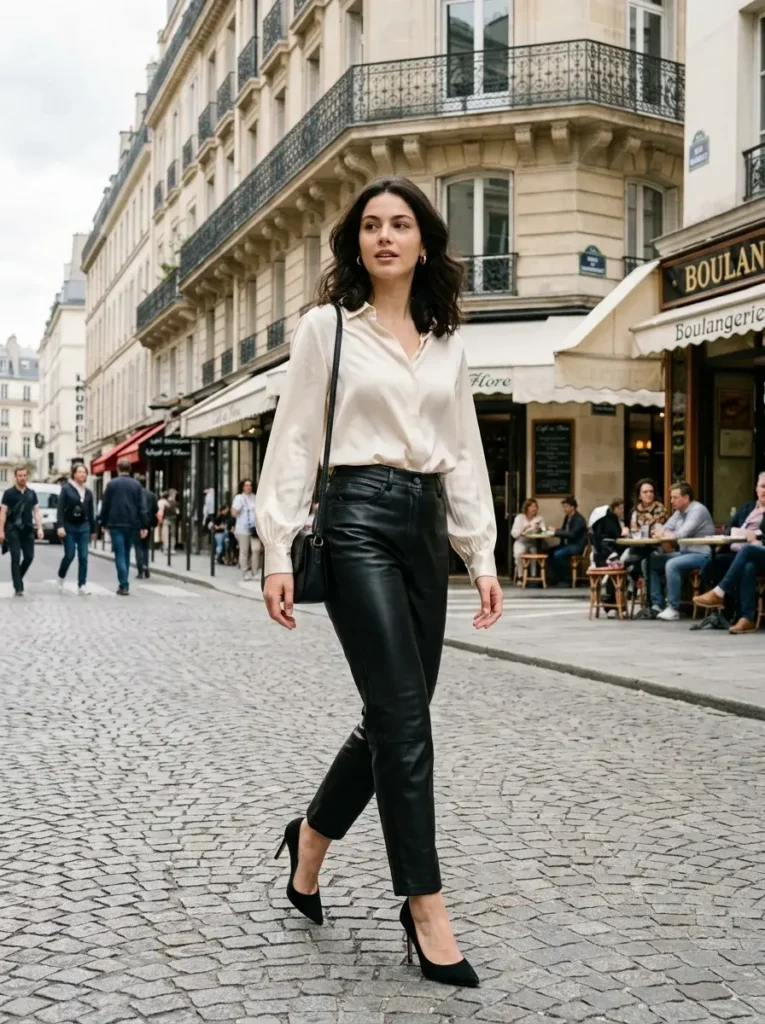 16 Fall Dinner Outfits That Look Effortless (Even When You Tried Really Hard) 6 Leather Trousers Silky Blouse and Pointed Heels