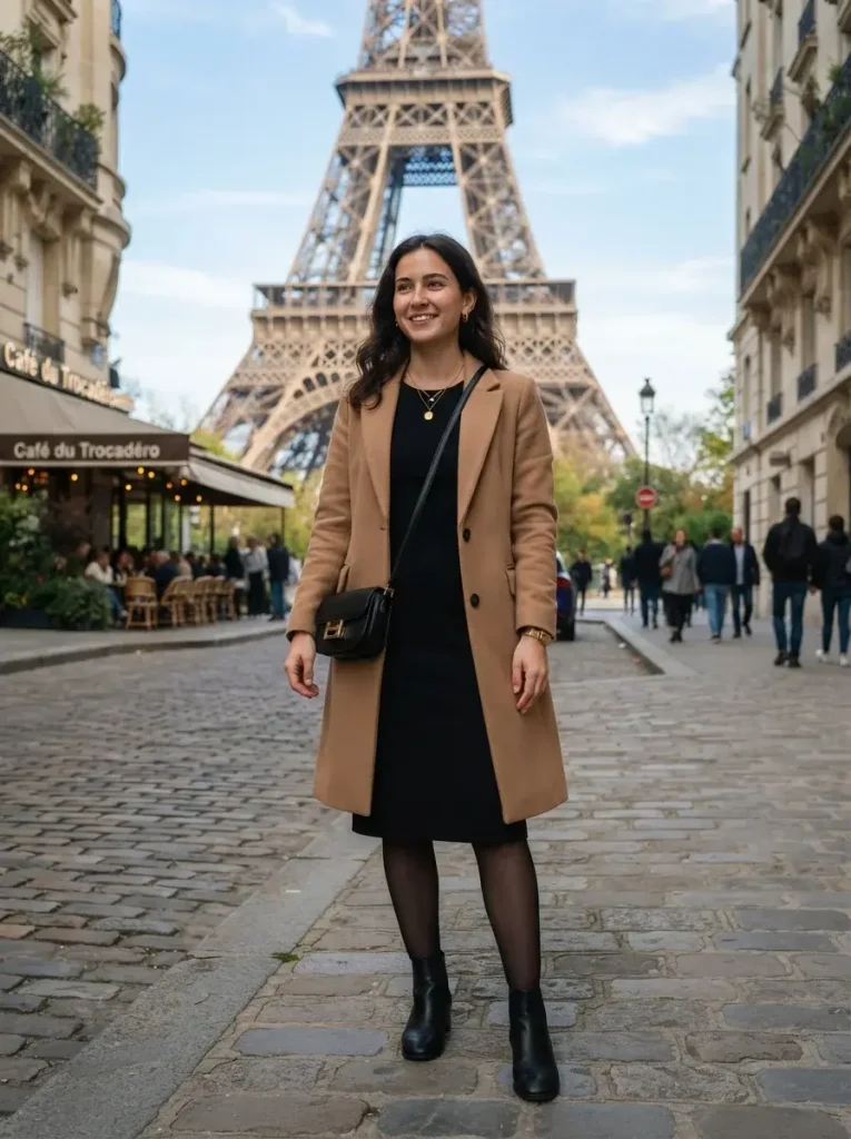 Little Black Dress Gold Jewelry and a Camel Coat