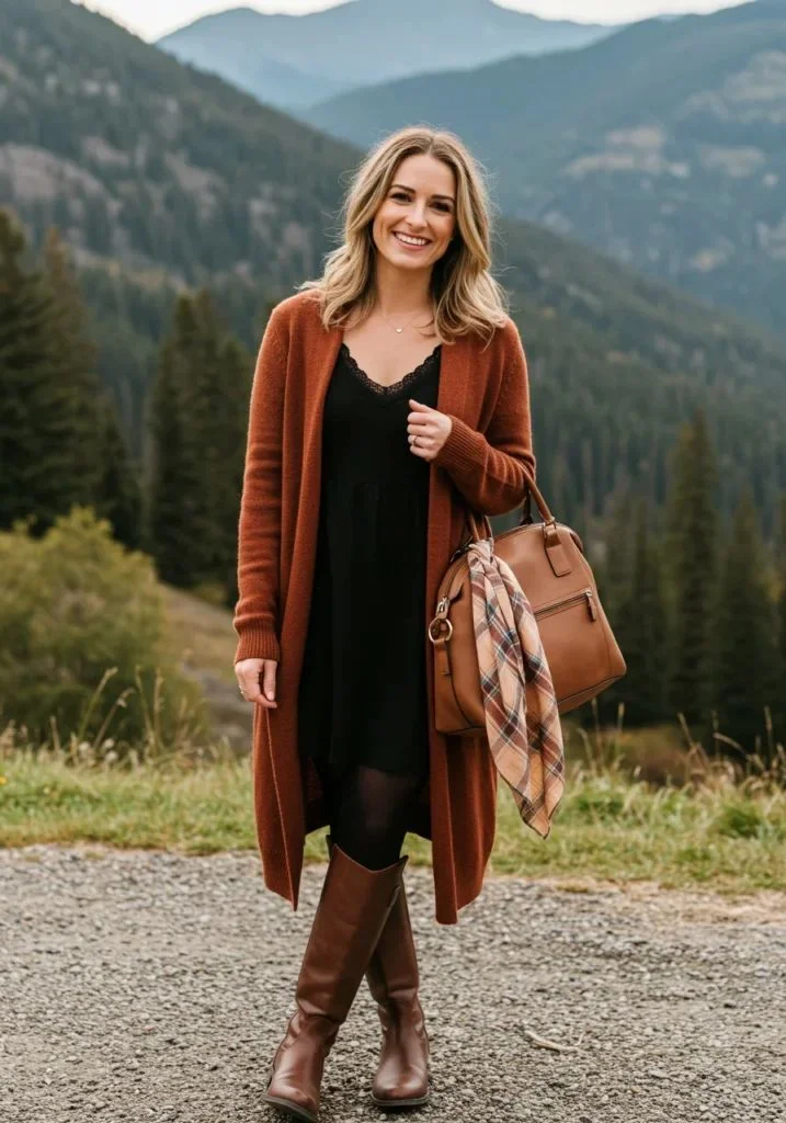 15 Fall Outfits With Cardigans That Look Cozy & Stylish 2 Long Brown Cardigan With A Fall Dress