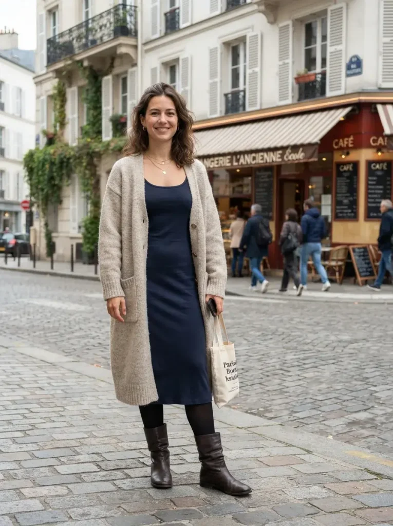 15 Fall Outfits With Tights That Keep You Warm and Stylish 15 Long Cardigan Tank Dress Warm Tights and Slouchy Ankle Boots