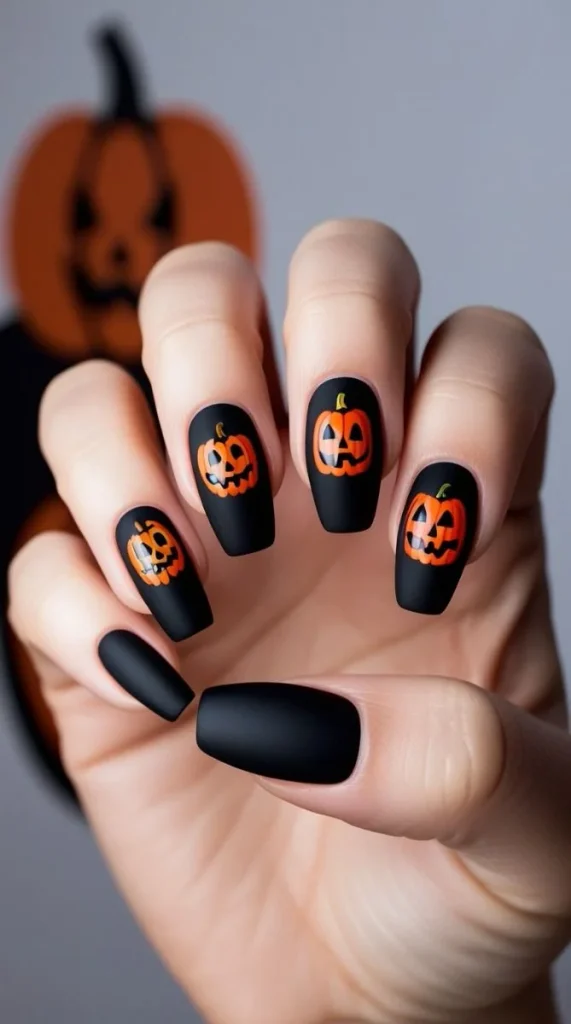 Fall Gets Spooky With These 19 Fall Halloween Nails You’ll Want to Copy 3 Matte Black Pumpkin Nail