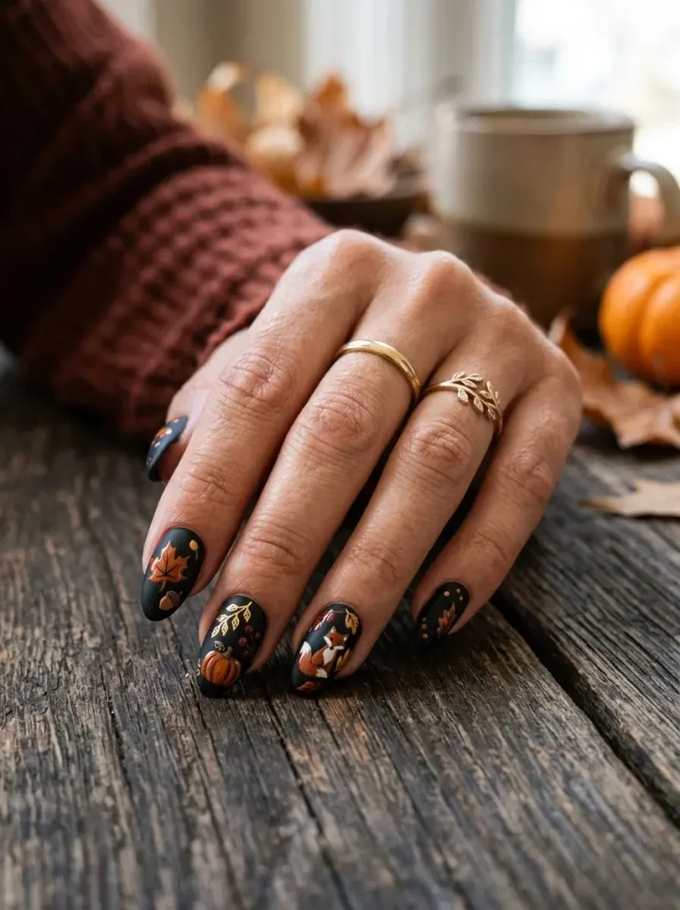 16 Fall Black Nails That Look Like Jewelry, Not Just Polish 7 Matte Black with Glossy Details