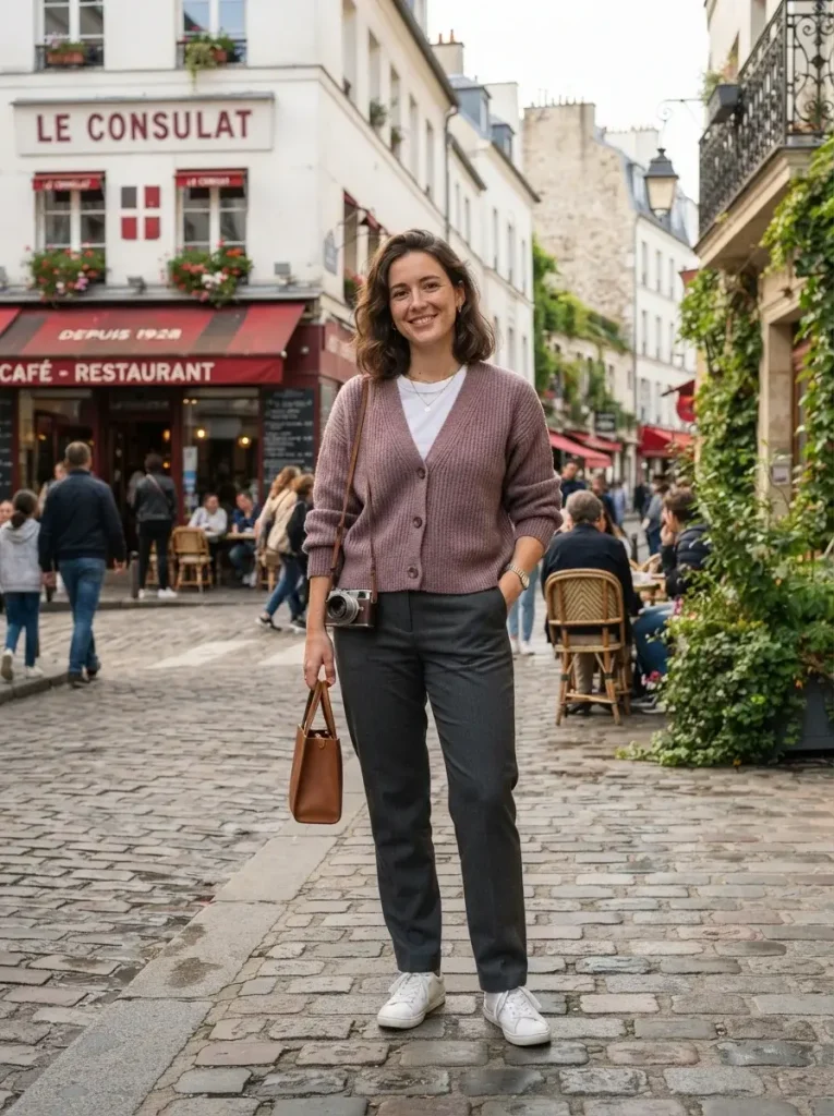 Mauve Cardigan White Tee and Charcoal Trousers