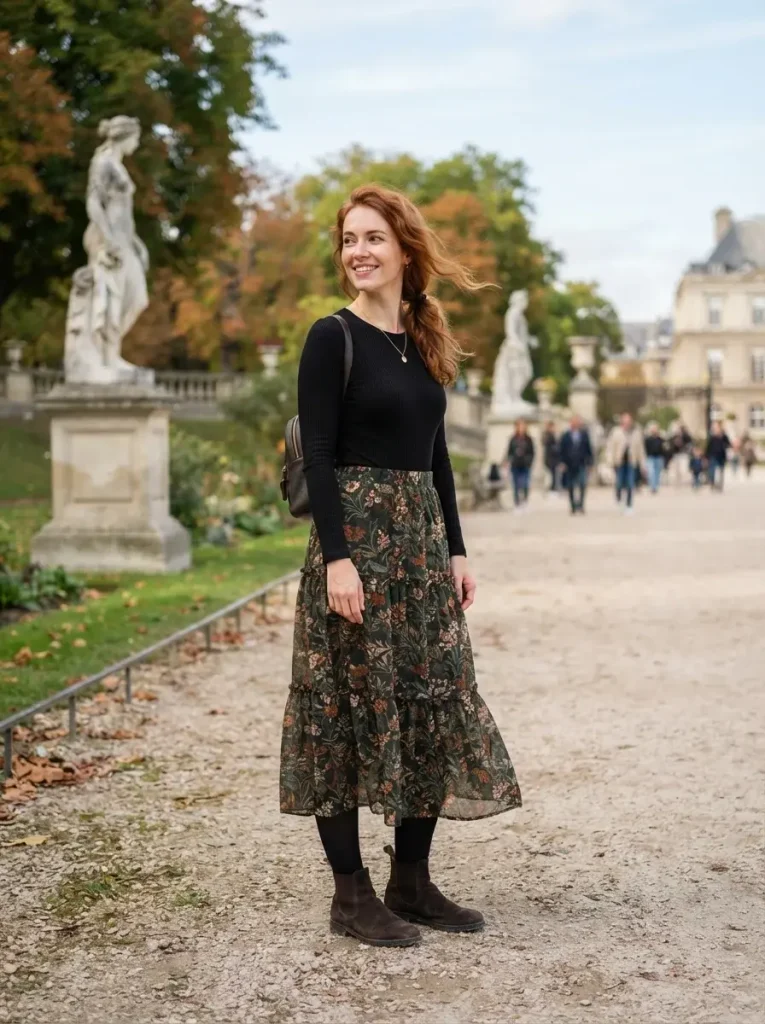 15 Fall Outfits With Tights That Keep You Warm and Stylish 12 Maxi Skirt Fitted Top Tights Underneath and Boots
