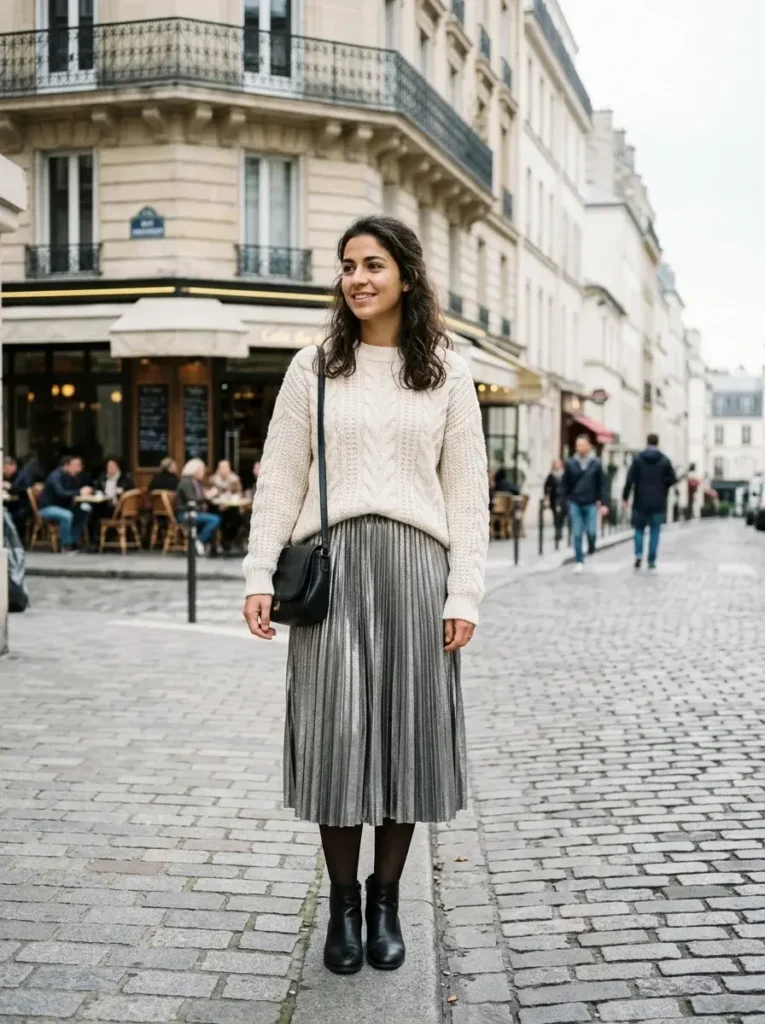 16 Fall Dinner Outfits That Look Effortless (Even When You Tried Really Hard) 17 Metallic Pleated Skirt and a Cozy Sweater