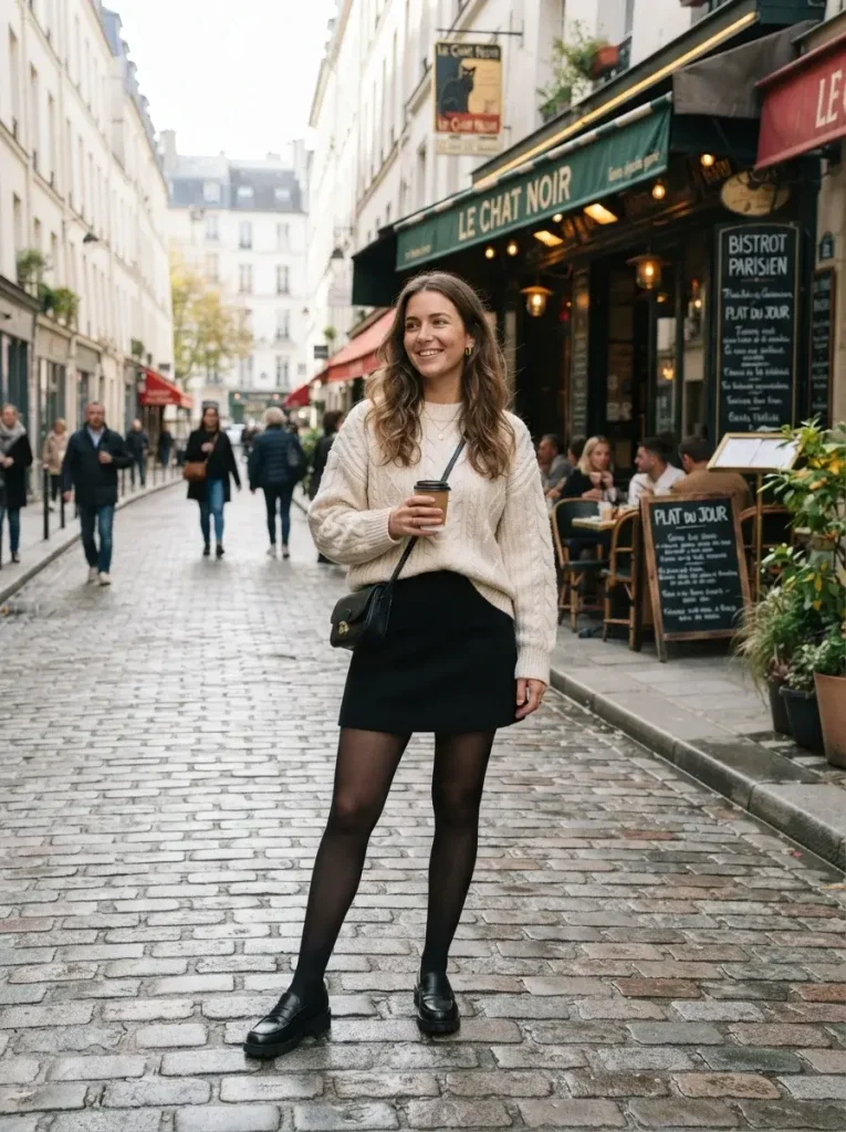 15 Fall Outfits With Tights That Keep You Warm and Stylish 3 Mini Skirt Oversized Sweater Tights and Chunky Loafers