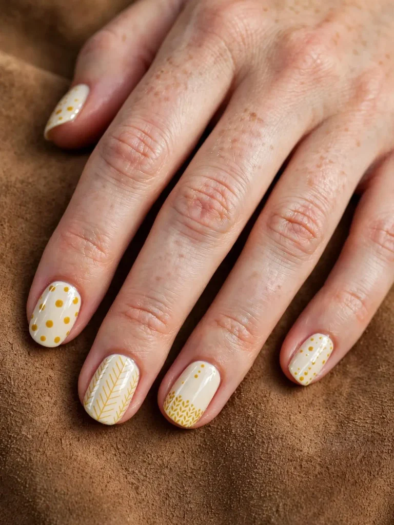 14 Fall Nails With Designs, One for Every Week of the Season 5 Mustard Dots and Cream 768x1024 1