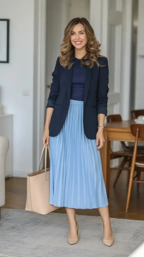 16 Fall Outfits Church That Look Elegant & Stylish 8 Navy Midi Dress With Blazer