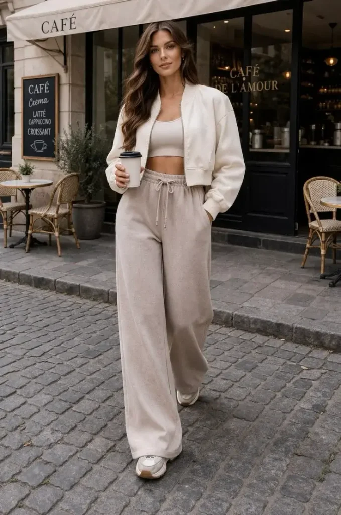 14 Fall Outfits With Sweatpants That Look Cozy & Stylish 10 Neutral Monochrome Sweatpants Outfit