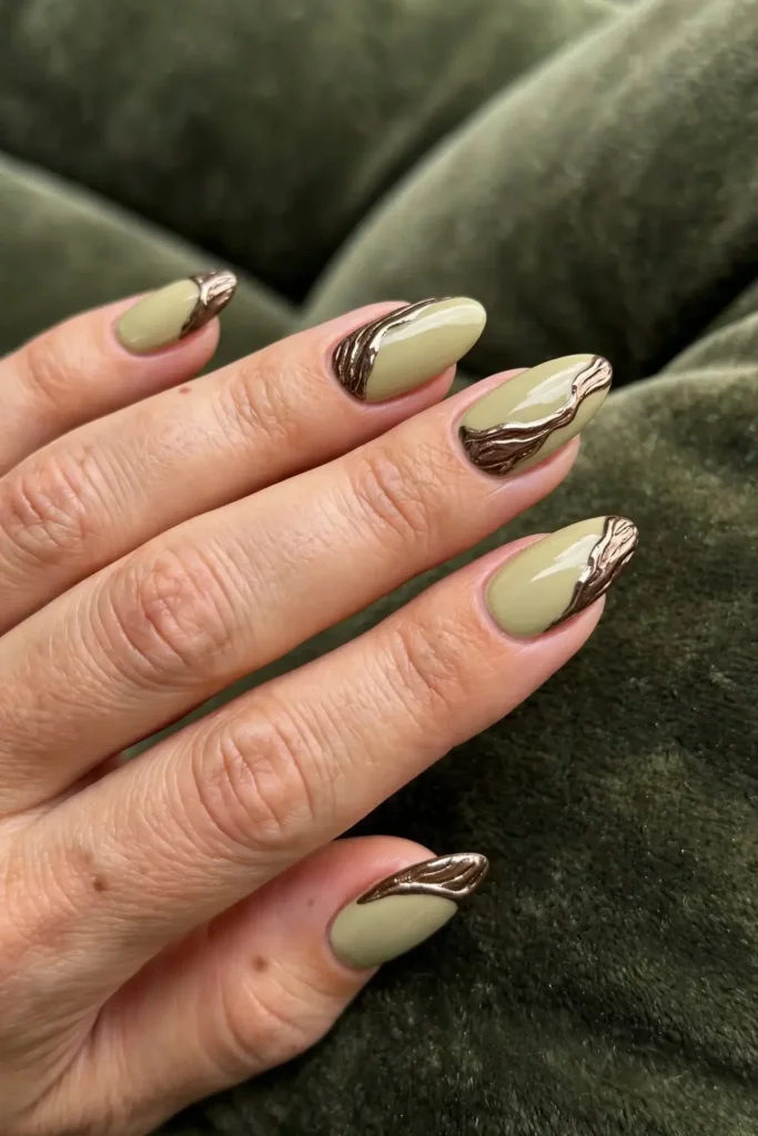Olive Cream with a Bark Accent Nail