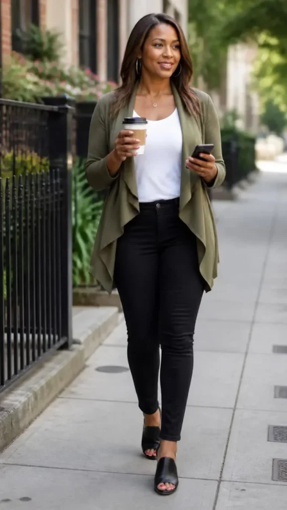 15 Fall Outfits With Cardigans That Look Cozy & Stylish 8 Olive Green Cardigan With Black Jeans