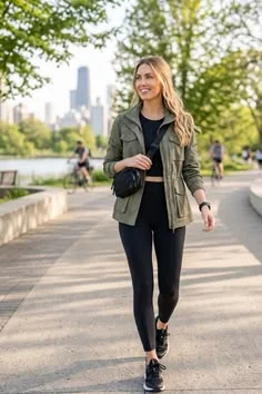 17 Fall Outfits With Sneakers That Look Stylish & Comfortable 4 Olive Green Jacket With Black Leggings And Sneakers