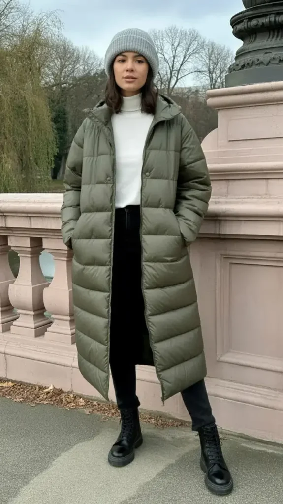 14 Fall Outfits With Sweatpants That Look Cozy & Stylish 9 Olive Green Sweatpants With Puffer Jacket