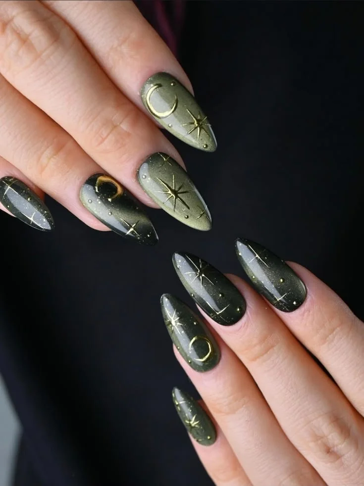 Fall Gets Spooky With These 19 Fall Halloween Nails You’ll Want to Copy 10 Olive Green Witchy Nails
