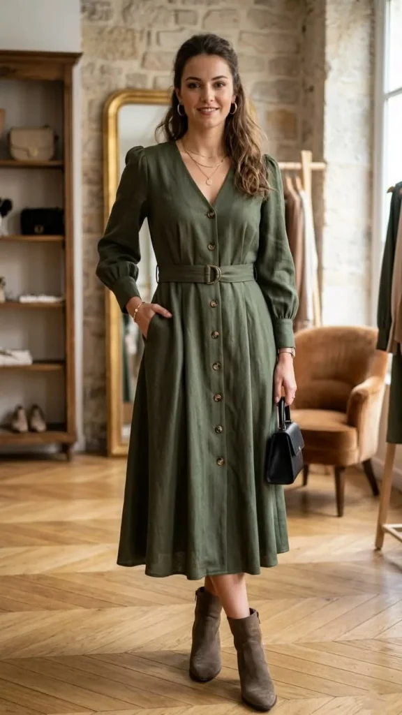 16 Fall Outfits Church That Look Elegant & Stylish 5 Olive Green Wrap Dress With Ankle Boots