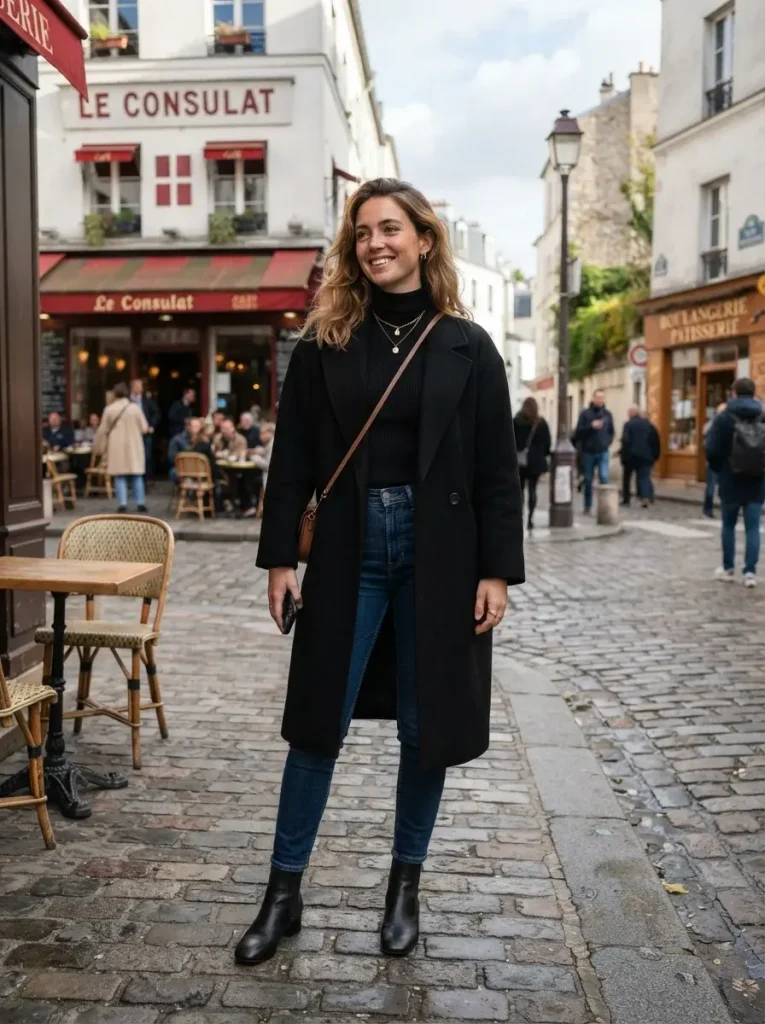 Oversized Black Coat over a Fitted Base