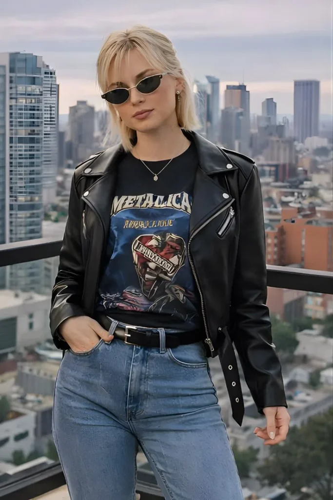 17 Fall Outfits Grunge That Look Edgy & Stylish 2 Oversized Leather Jacket With Band Tee