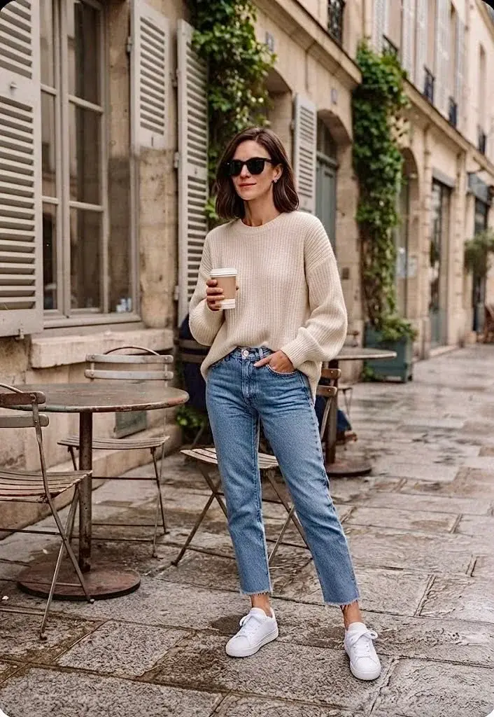 17 Fall Outfits With Sneakers That Look Stylish & Comfortable 1 Oversized Sweater With Jeans And White Sneakers
