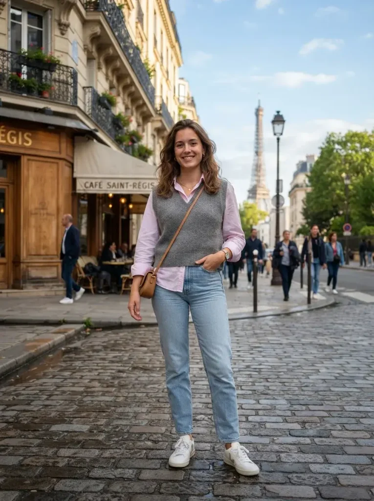 Pale Pink Shirt Gray Sweater Vest and Straight Jeans